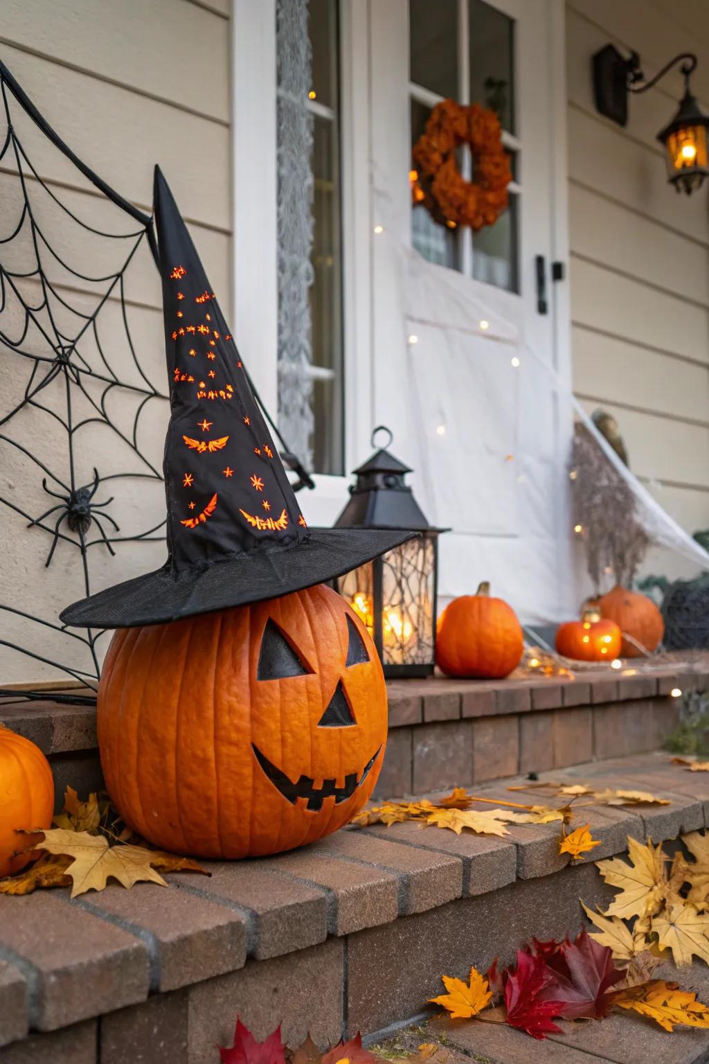 A pumpkin looking festive with a whimsical witch hat.