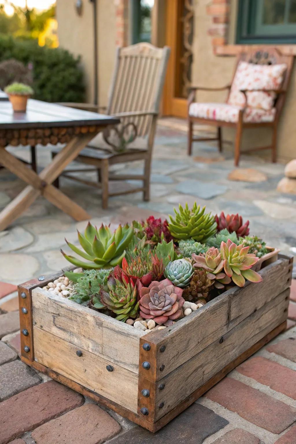 Rustic wooden crates function as adaptable succulent planters.