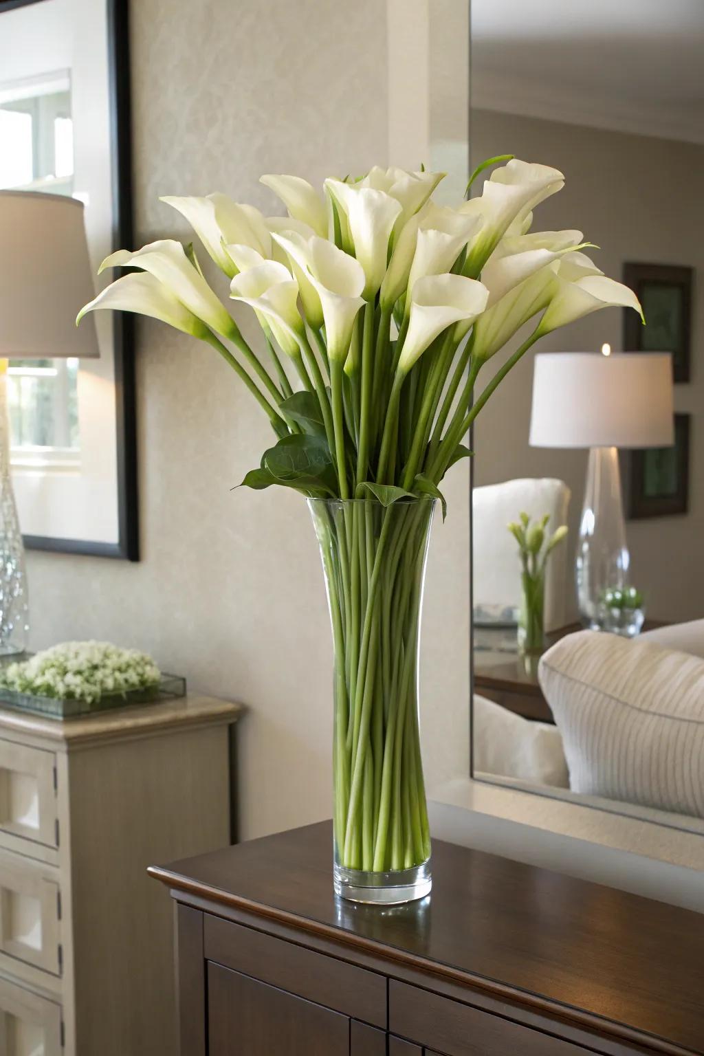 Elegant calla lily bouquet adding sophistication to a dining room.