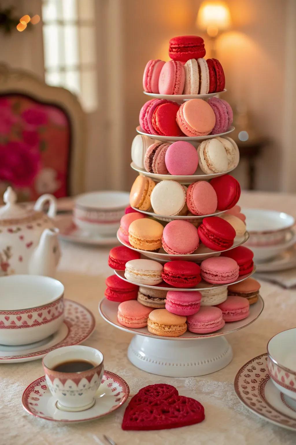 A breathtaking macaron spire serving as a core piece for the tea celebration.