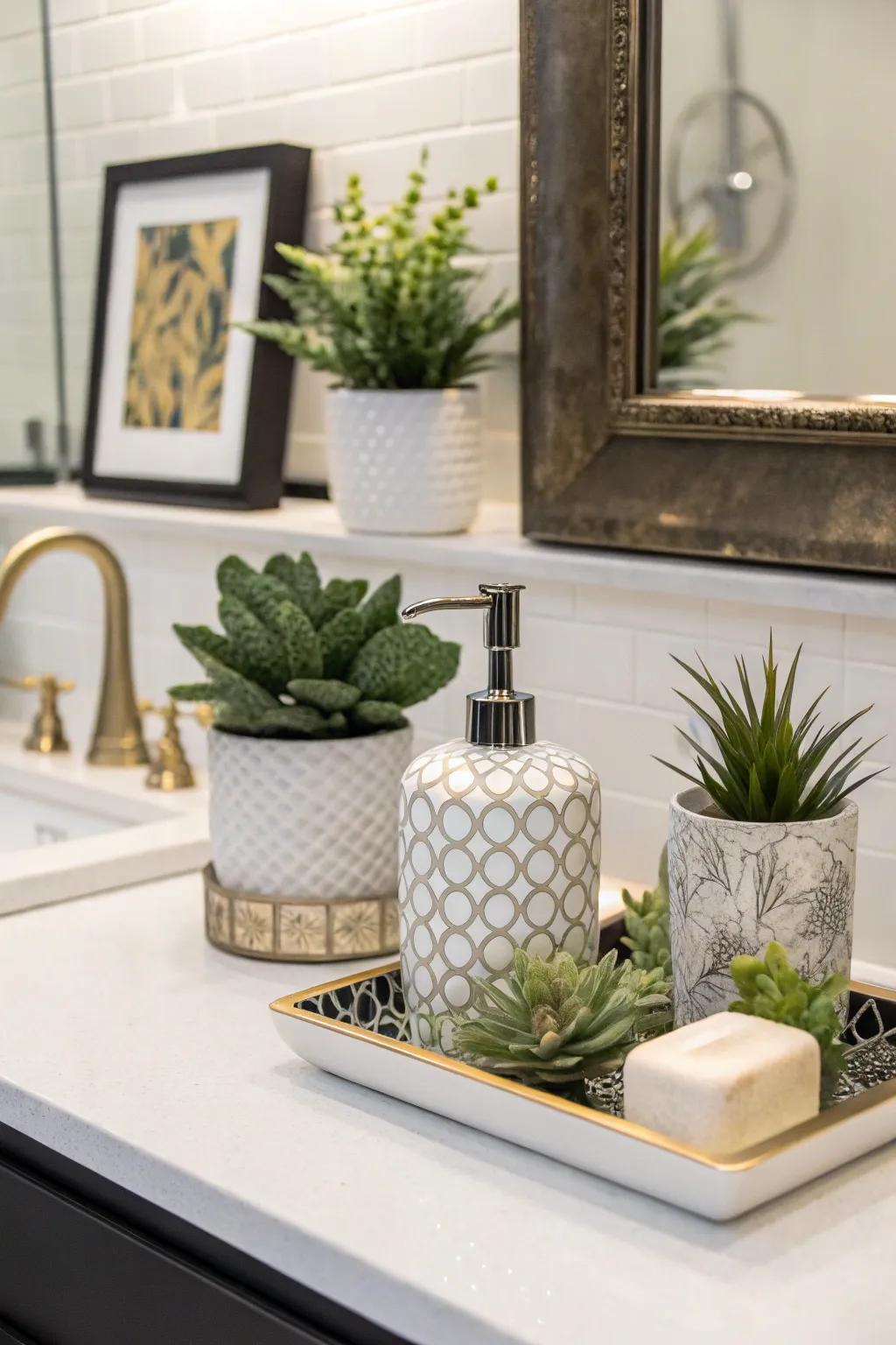 A beautifully styled vanity with decorative accents.