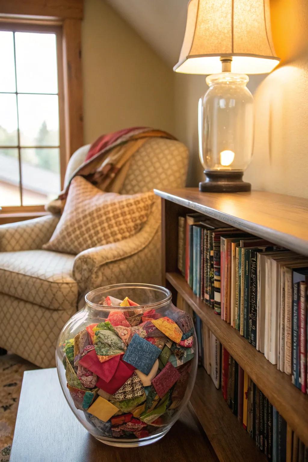 Reuse fabric scraps for a comforting vase display.