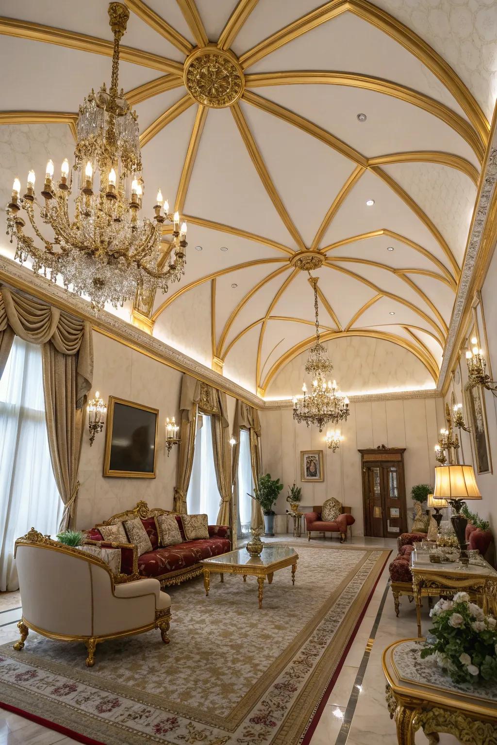 Lavish ornamented beams adding sophistication to a vaulted ceiling.