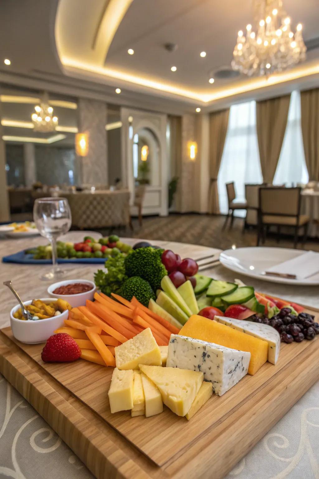 Vegetable arrangement alongside a selection of gourmet cheeses.
