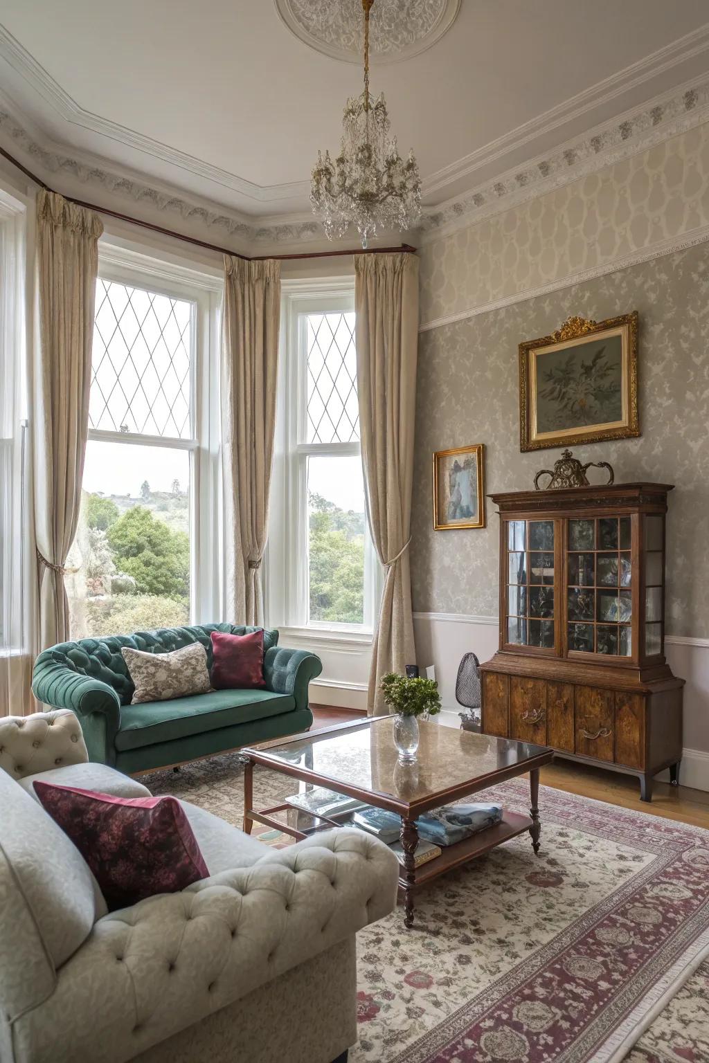 A merge of modern and traditional pieces conjures a dynamic living space.