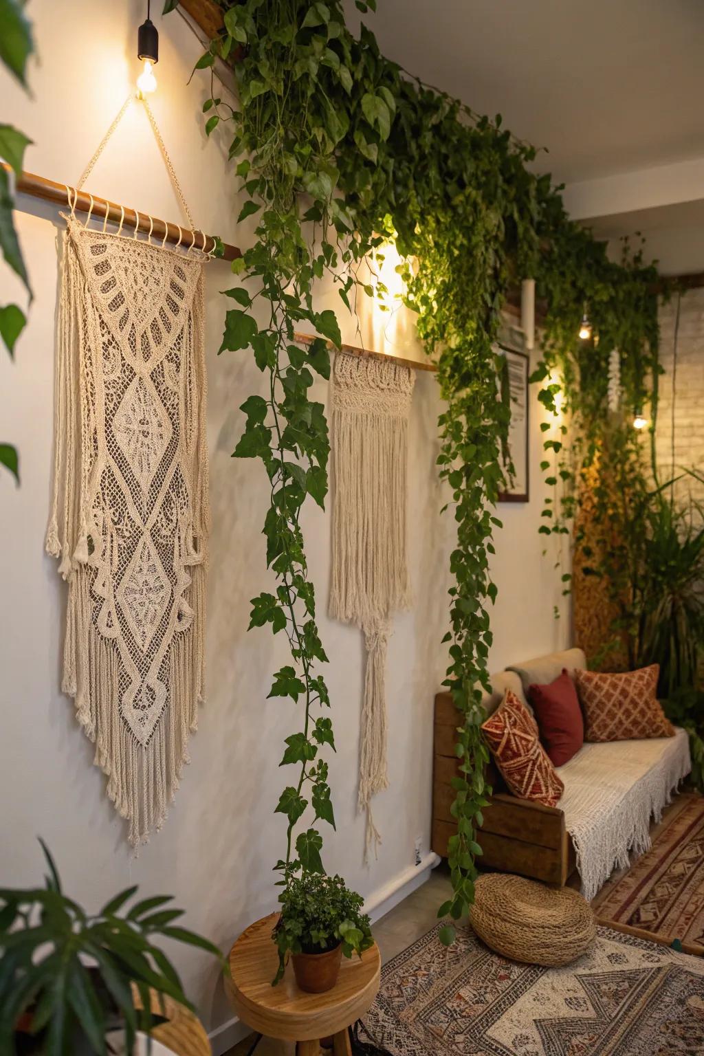 Add depth with vines and textural elements like macrame.