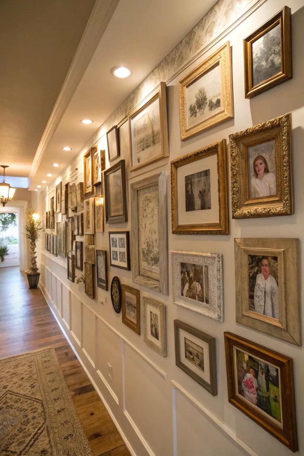 A gallery partition showcasing classic frames exhibits treasured memories.