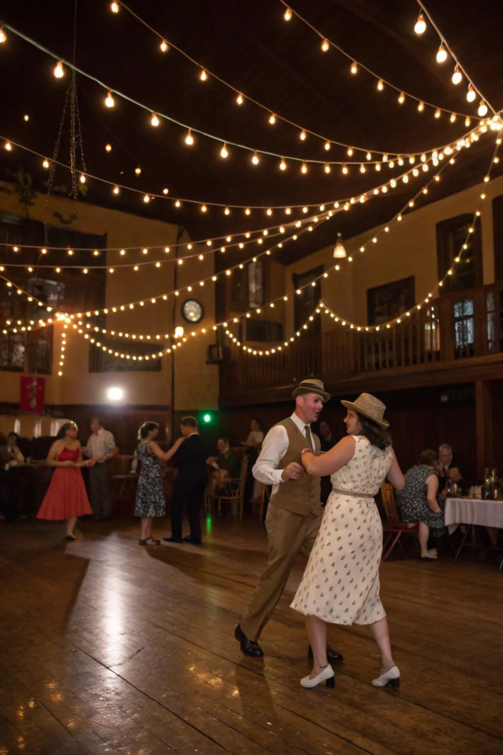 String lights cast a warm glow, enhancing the vintage party ambiance.