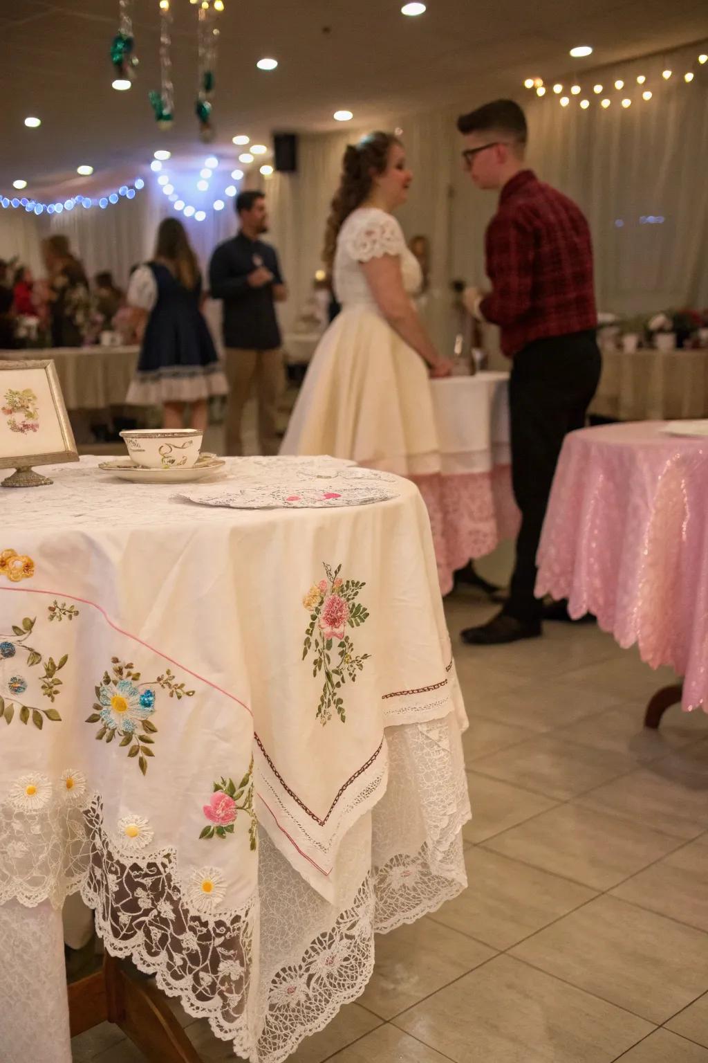 Charming period linens enhancing the dining scene.