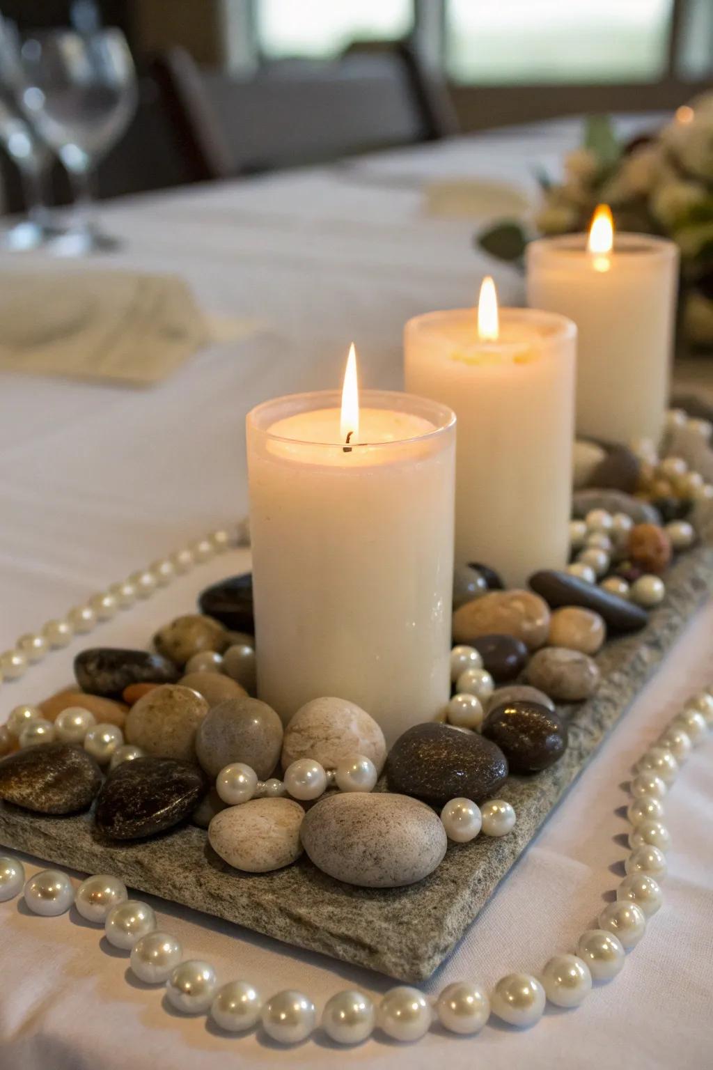 Decorative features like stones introduce texture to votive displays.