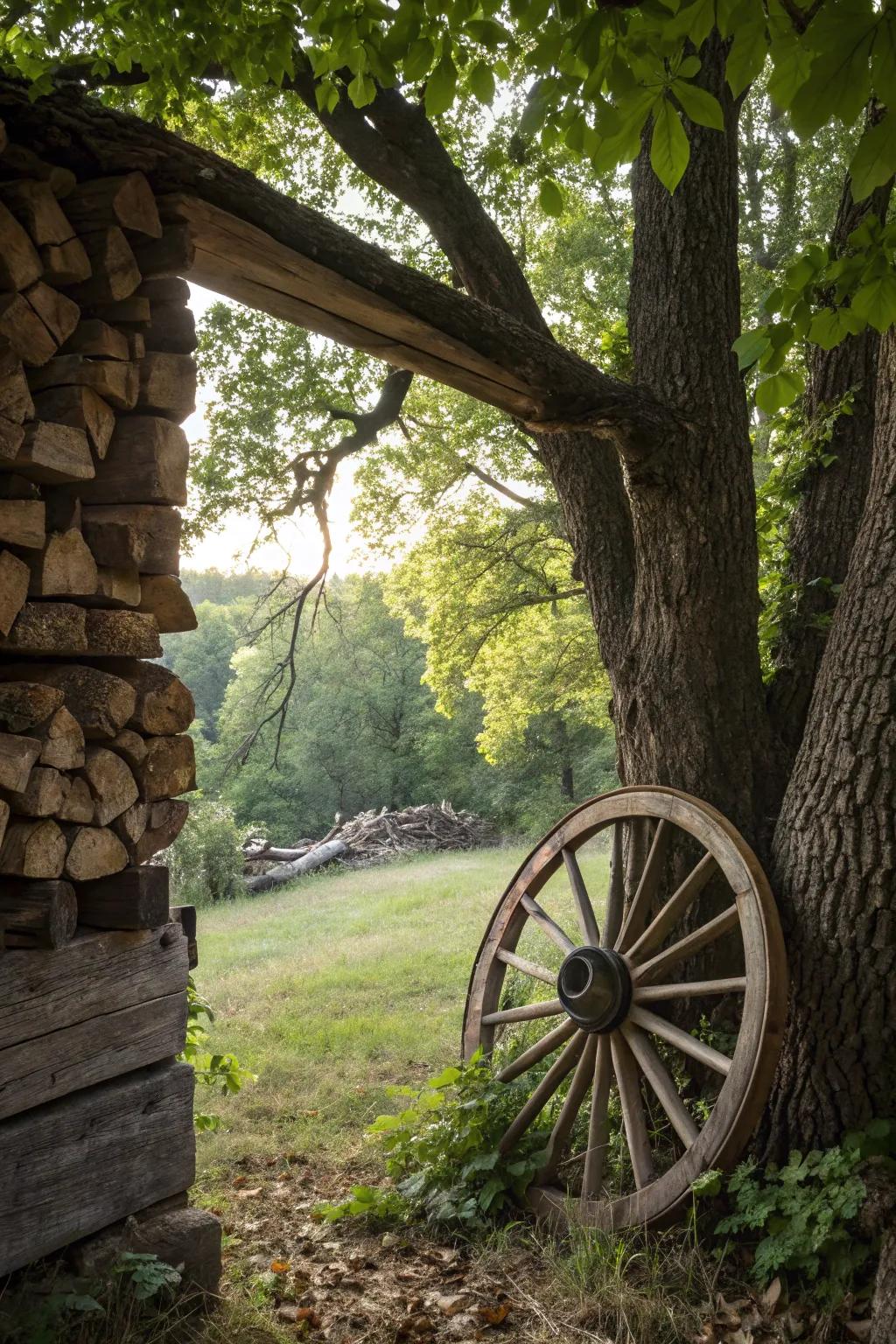 A wagon wheel embedded in stacked wood, creating a unique window effect.