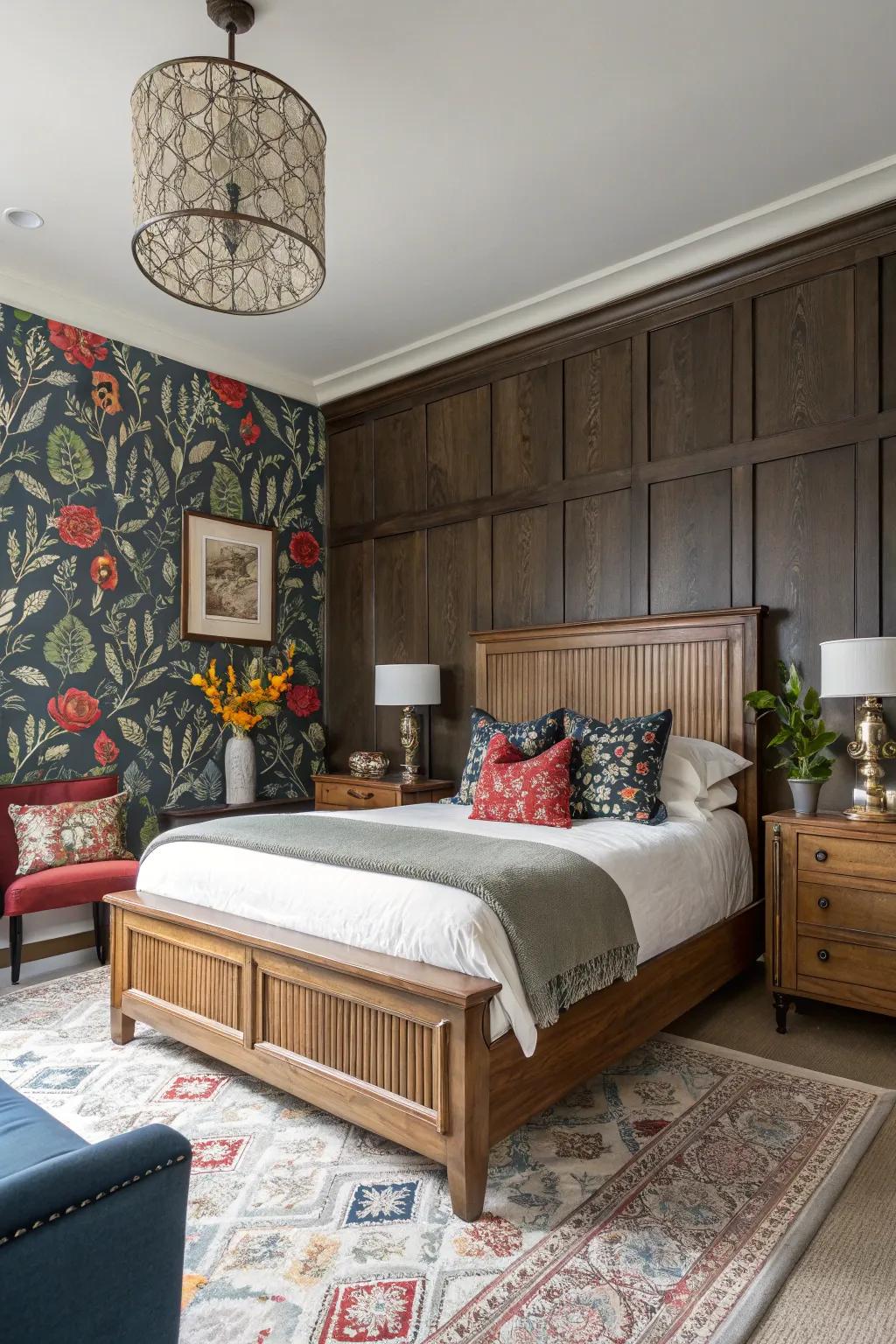 Paneling and vibrant wallpaper fashion an eclectic and customized area.