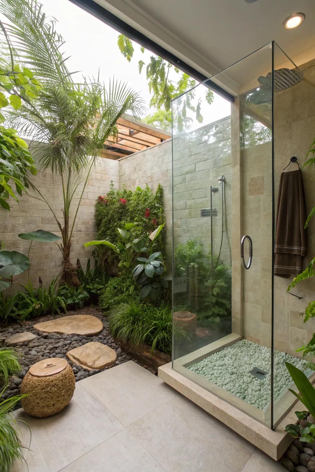 Lush greenery introduces a natural element to this walk-in shower.