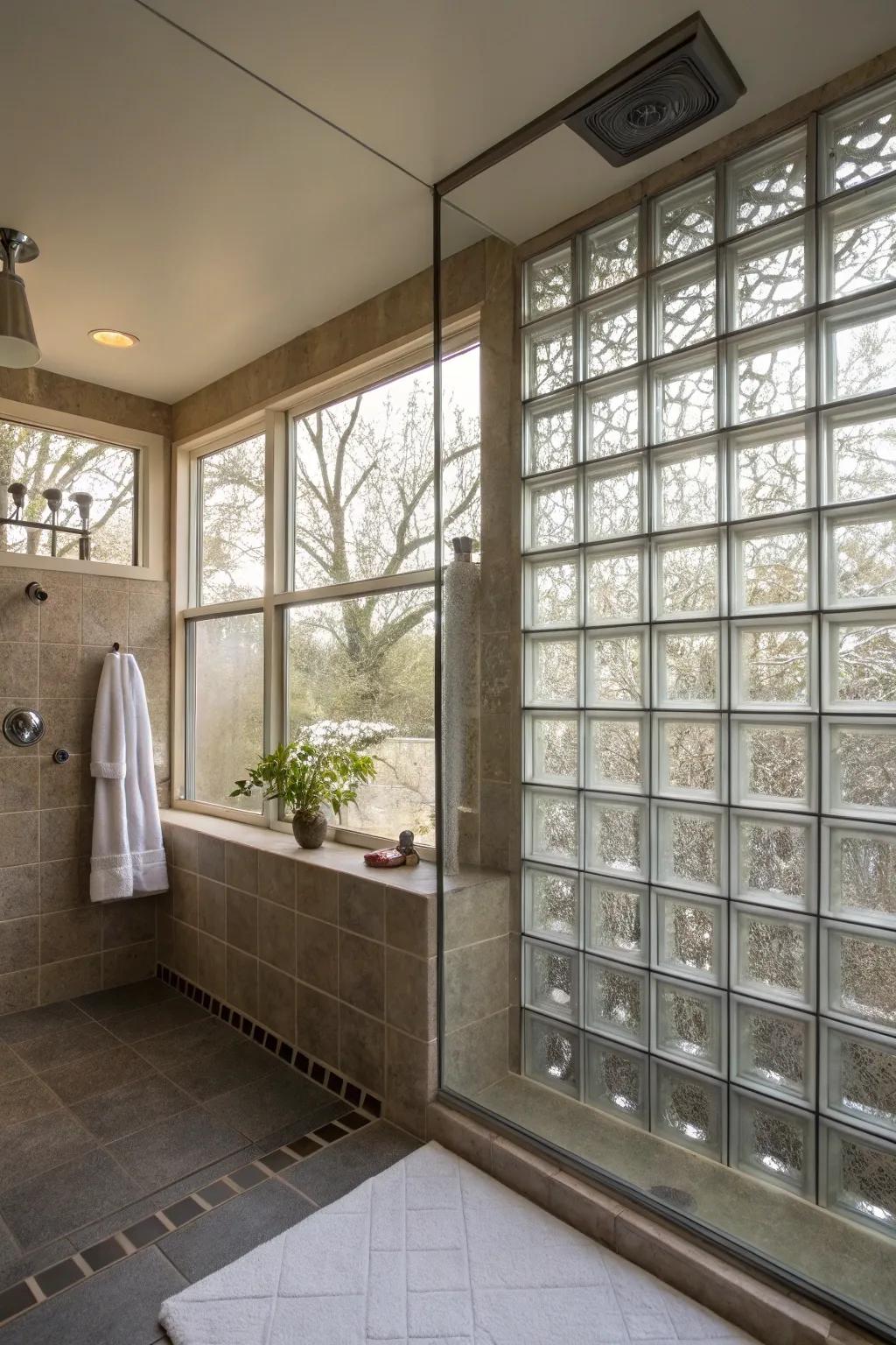 Glass brick windows in a walk-in shower, offering privacy with a touch of texture.