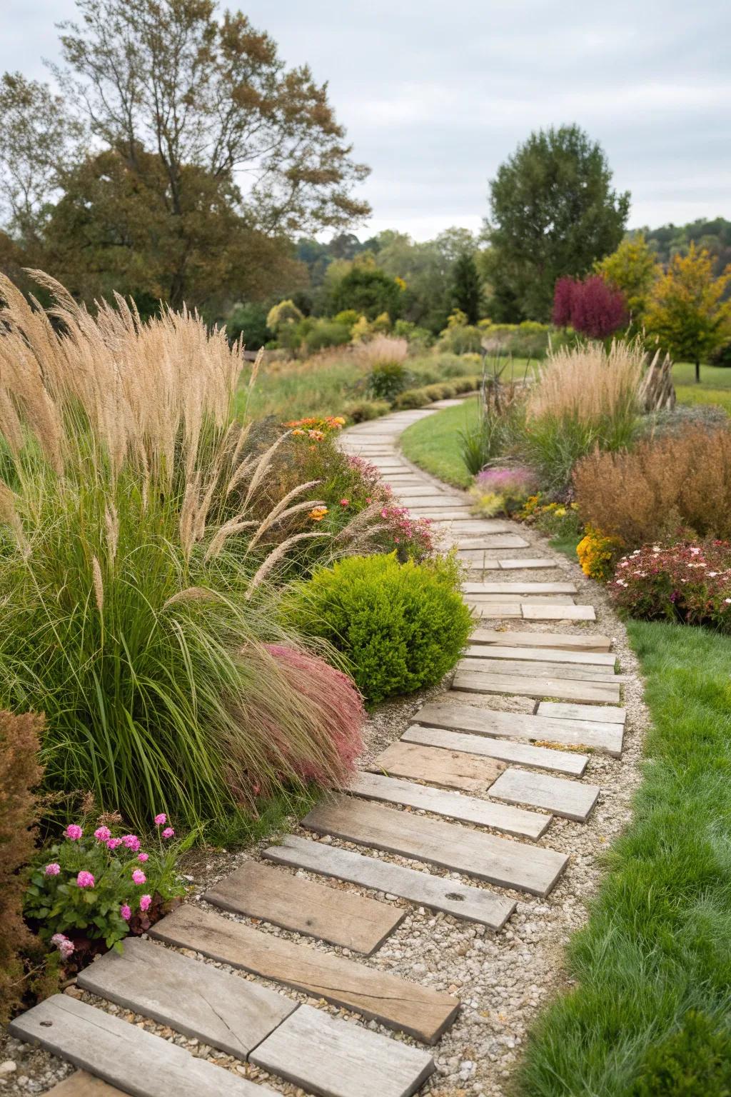 Wood and stone mixed pathways offer a unique texture.