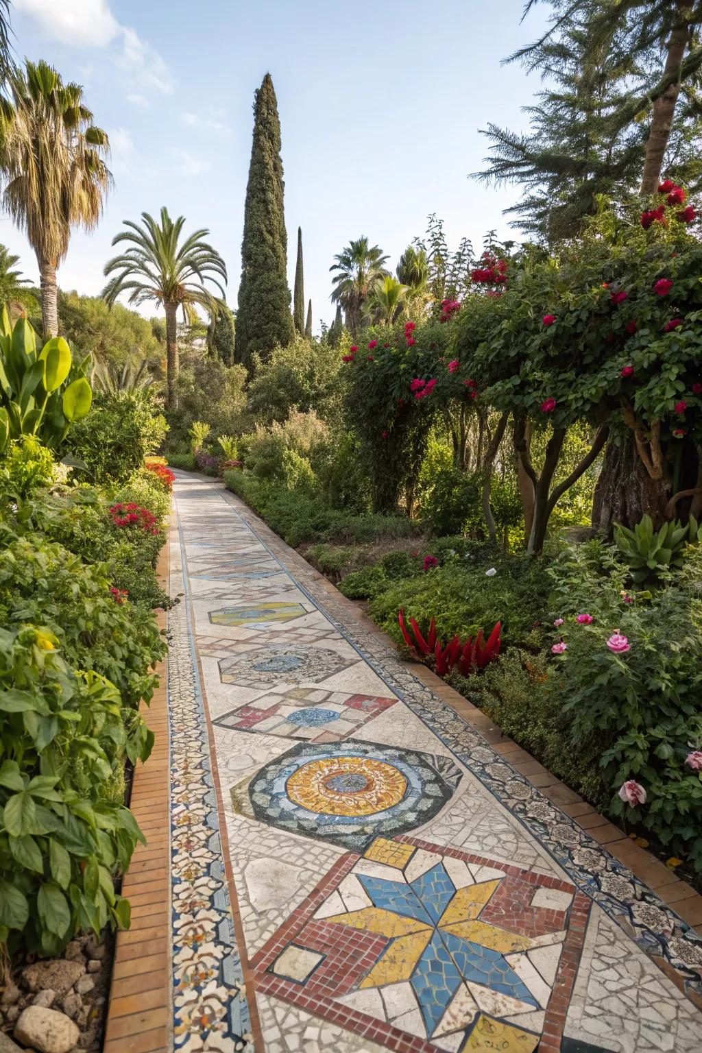 Mosaic designs add artistic flair and color to your garden path.