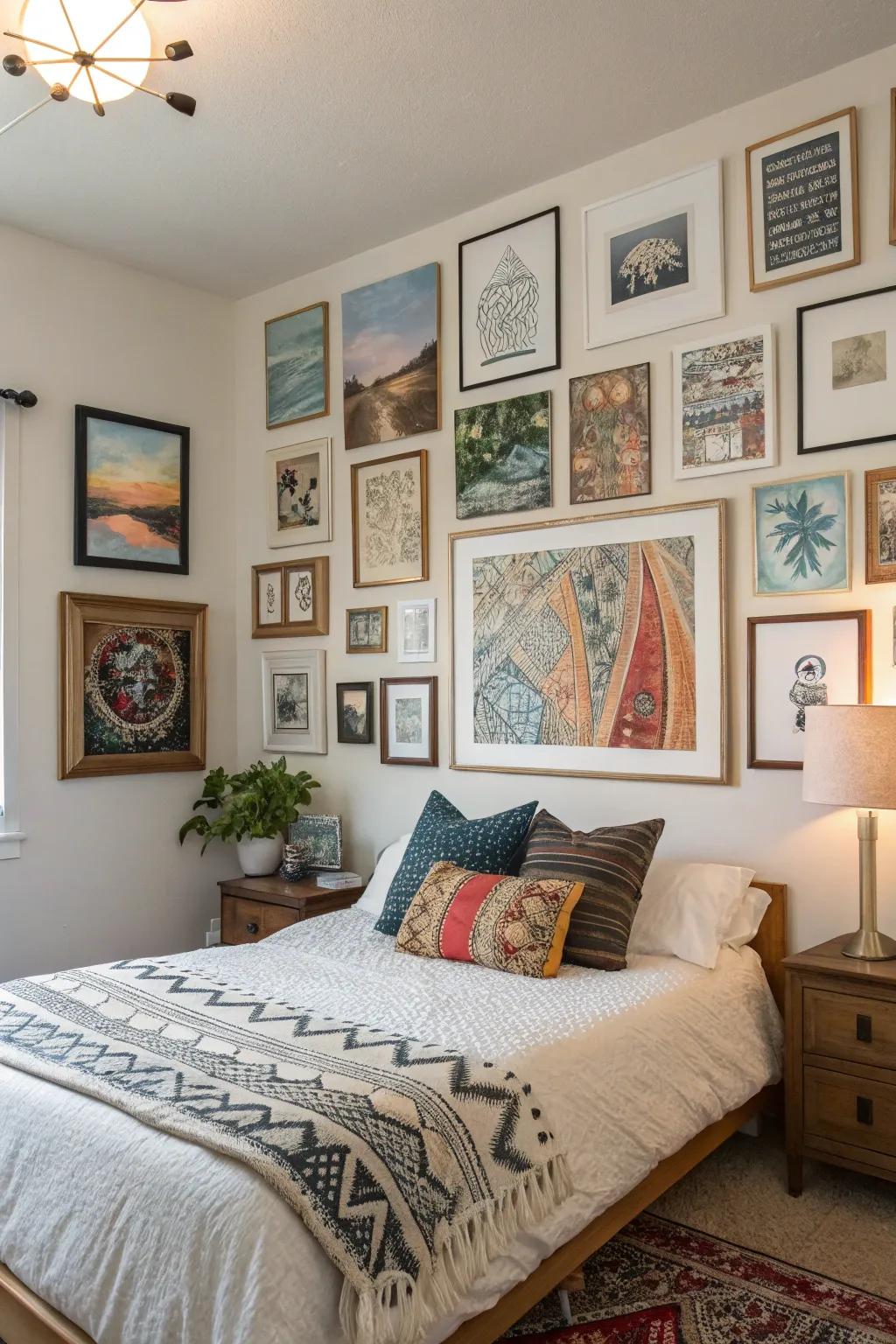 Mixed media art brings an eclectic and vibrant touch to your bedroom.