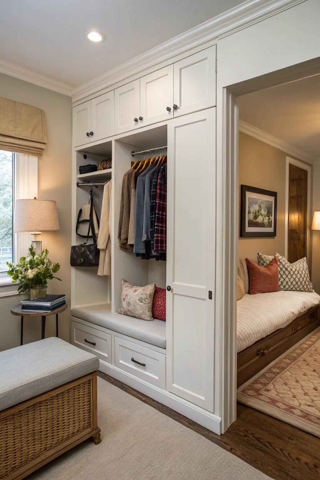 A seating area increases the comfort and convenience in a wall closet.