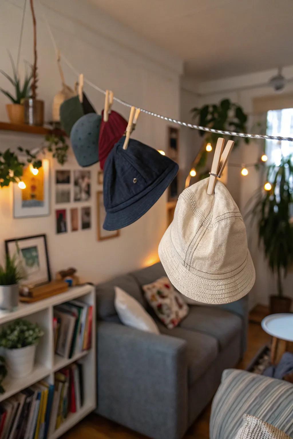 A laid-back hat presentation employing cord and clothespins