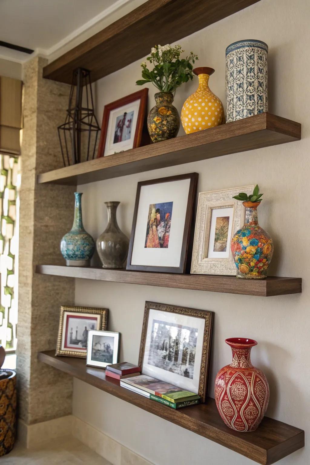 Impart depth through stratified décor on shelves.