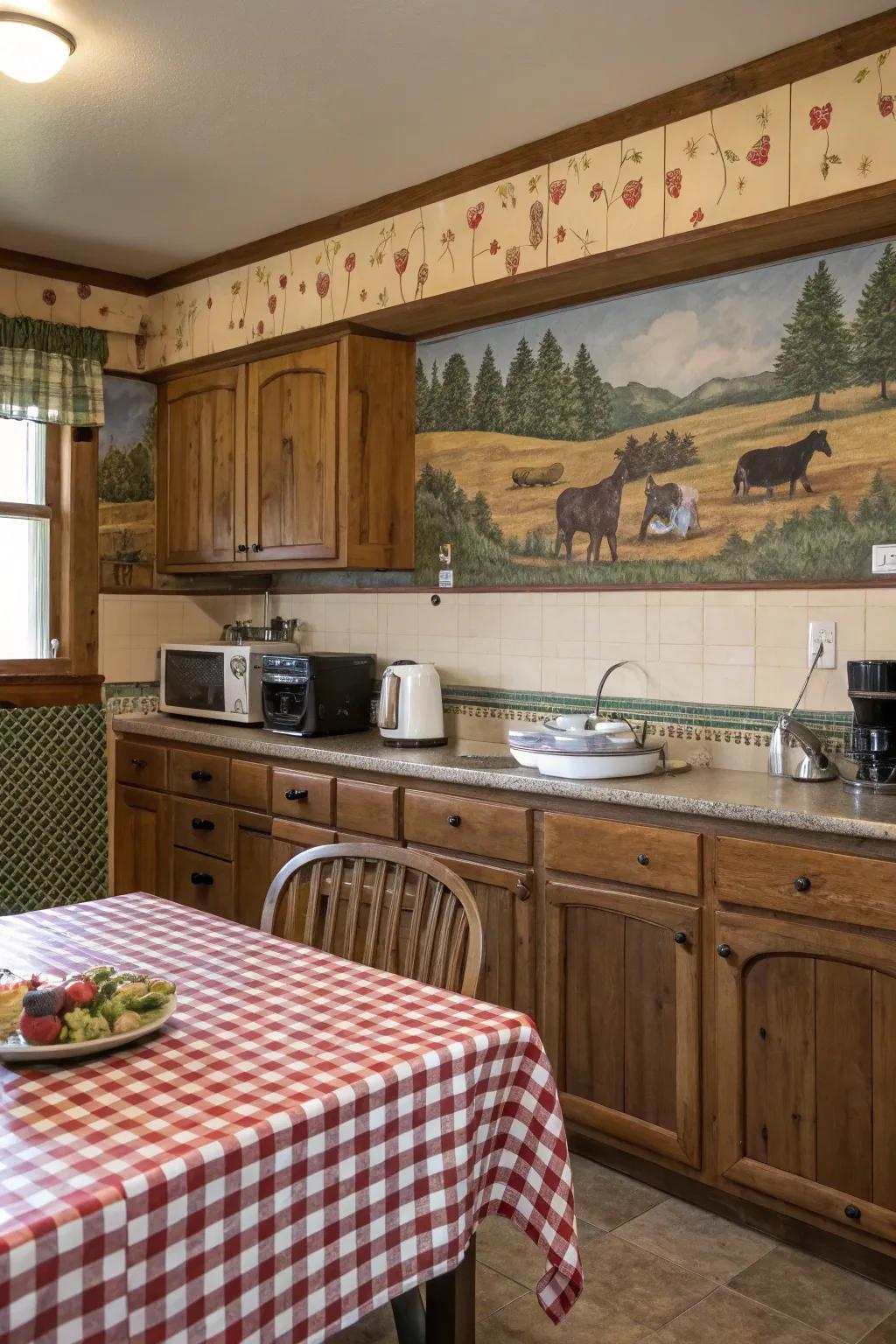 A kitchen exuding rustic charm with a farm scene wallpaper border.
