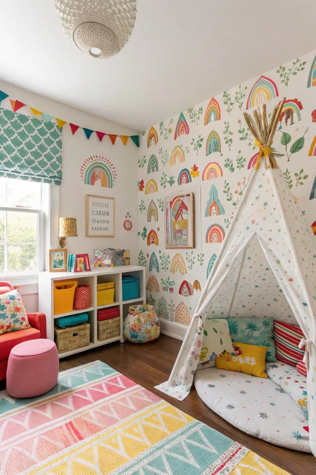 Mixed-design wallpaper crafting an enjoyable and diverse children's space.