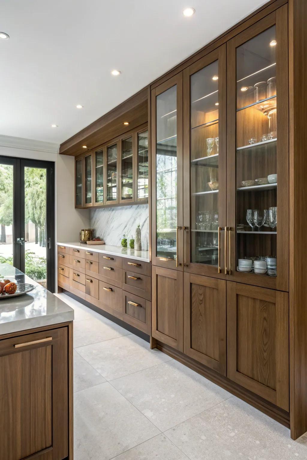 Mixing materials adds intrigue to darkwood cabinetry.
