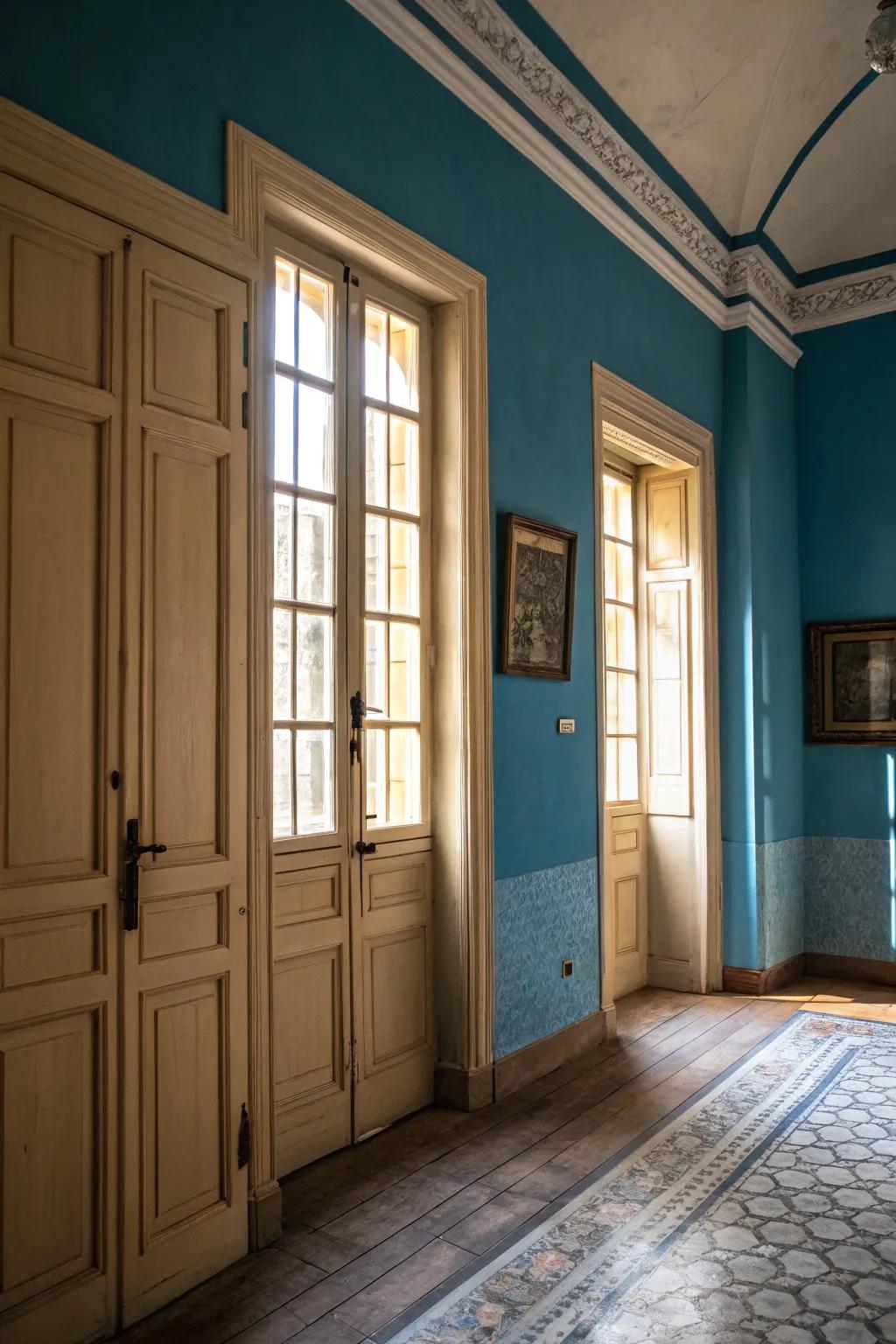 Create striking contrast with light-colored doors and windows against gentle cerulean walls.