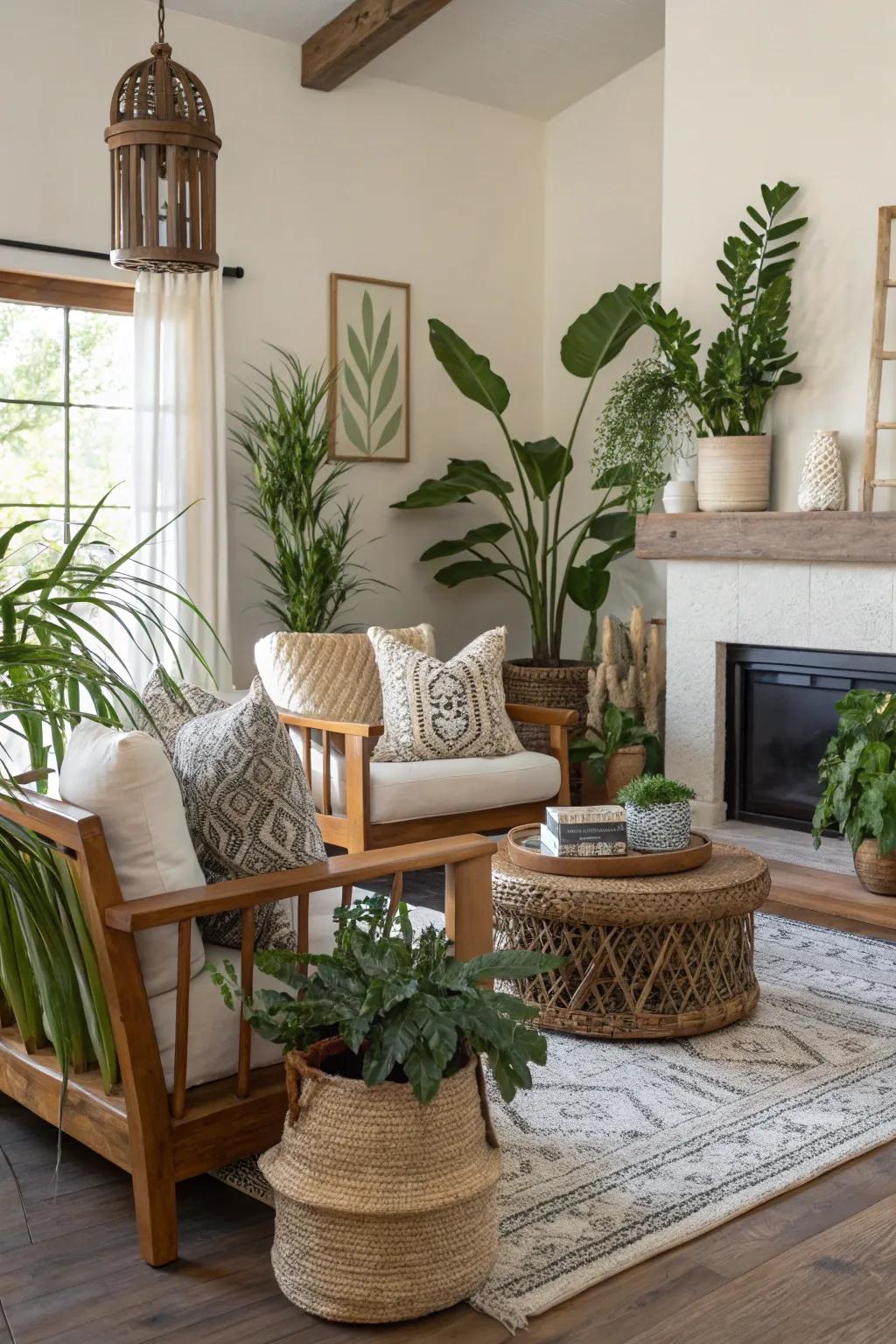 Interior plants introduce vibrancy and freshness to the decor.