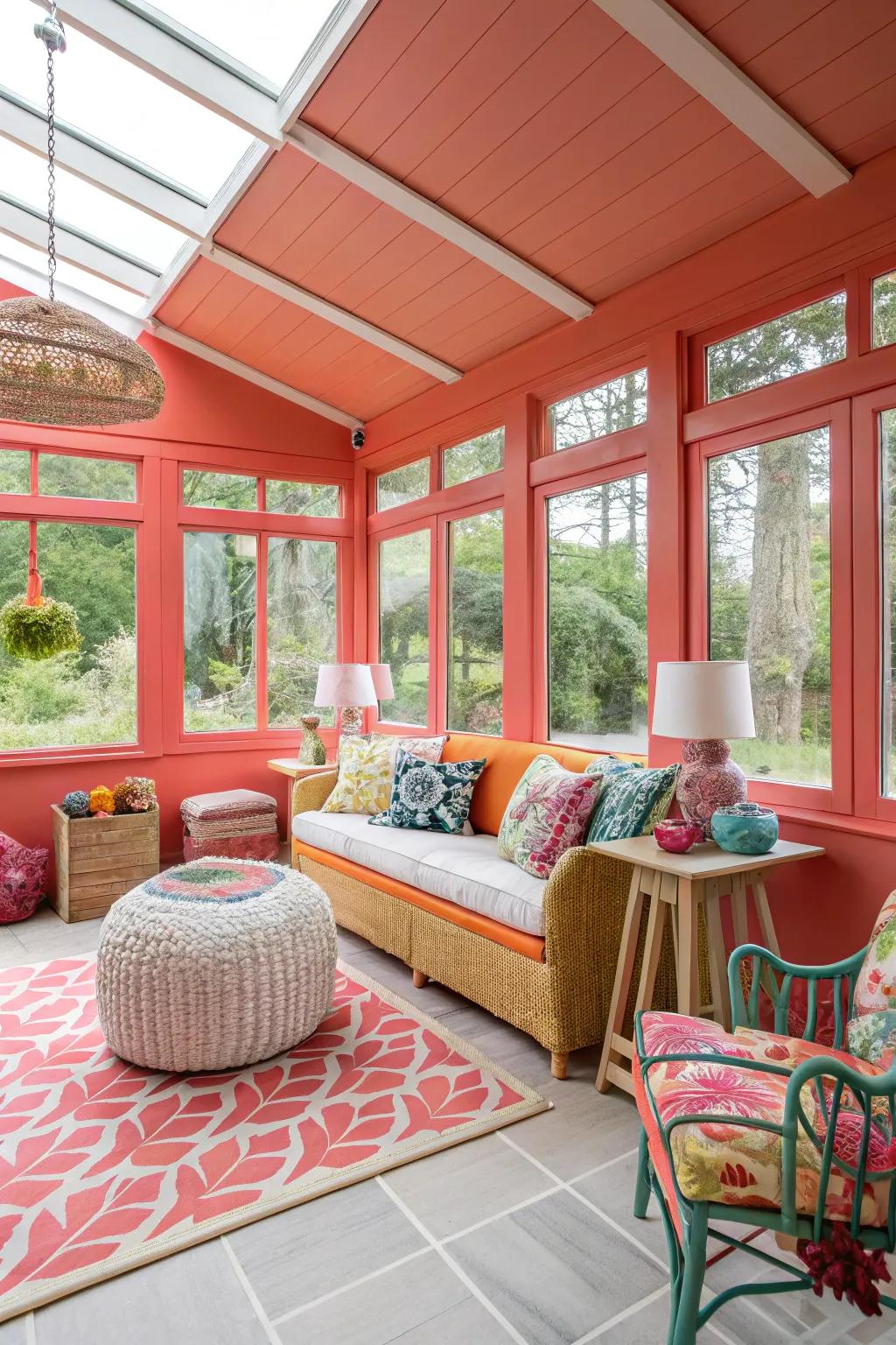 Sunroom with lively salmon walls, making a bold and vibrant statement.