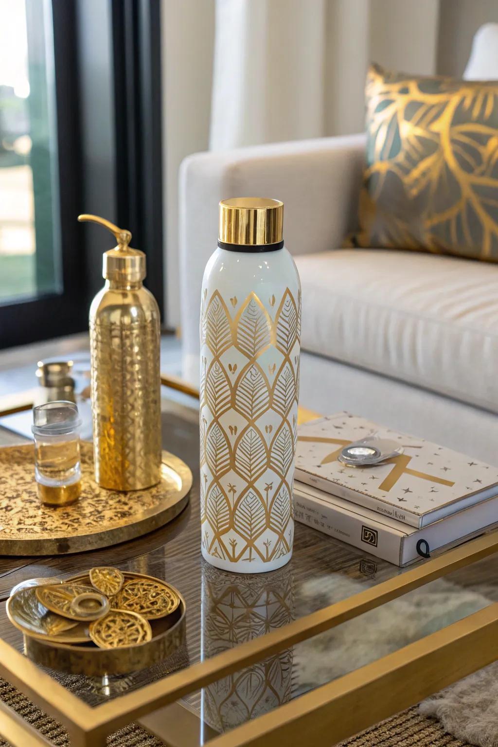 Sophisticated water bottle designs with metallic accents.