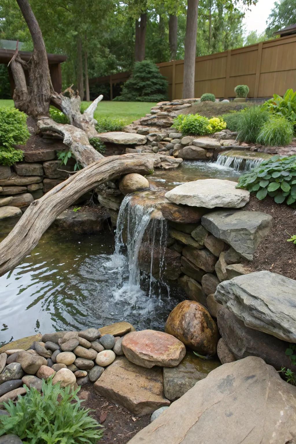 An organic garden water feature that blends driftwood and rocks for a natural style.