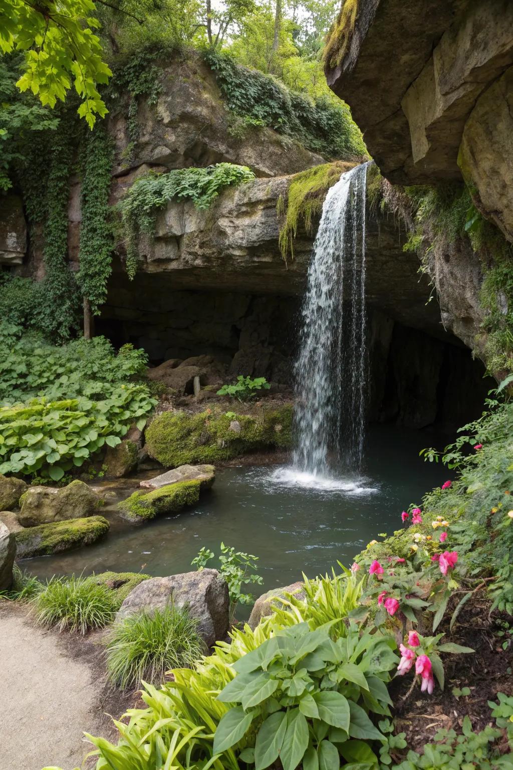 A secluded grotto waterfall provides a mysterious retreat in the garden.