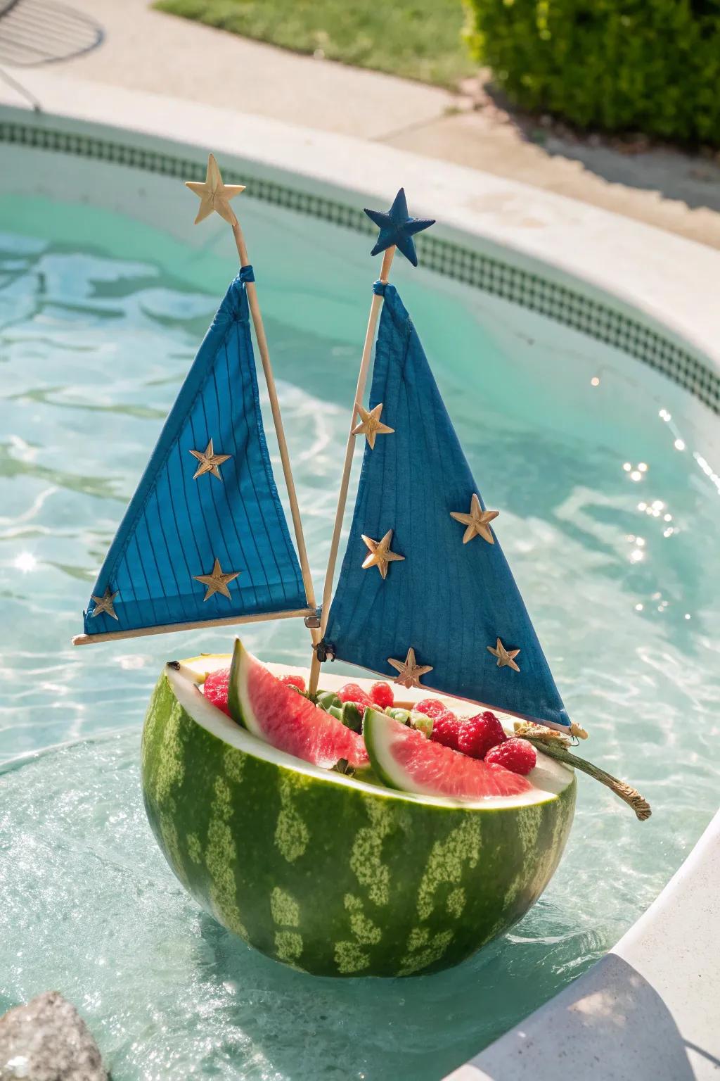 A nautical boat presenting blue sails and starfruit embellishments.