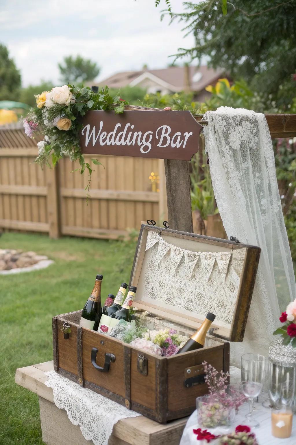 A retro trunk bar arrangement with a nostalgic sign.