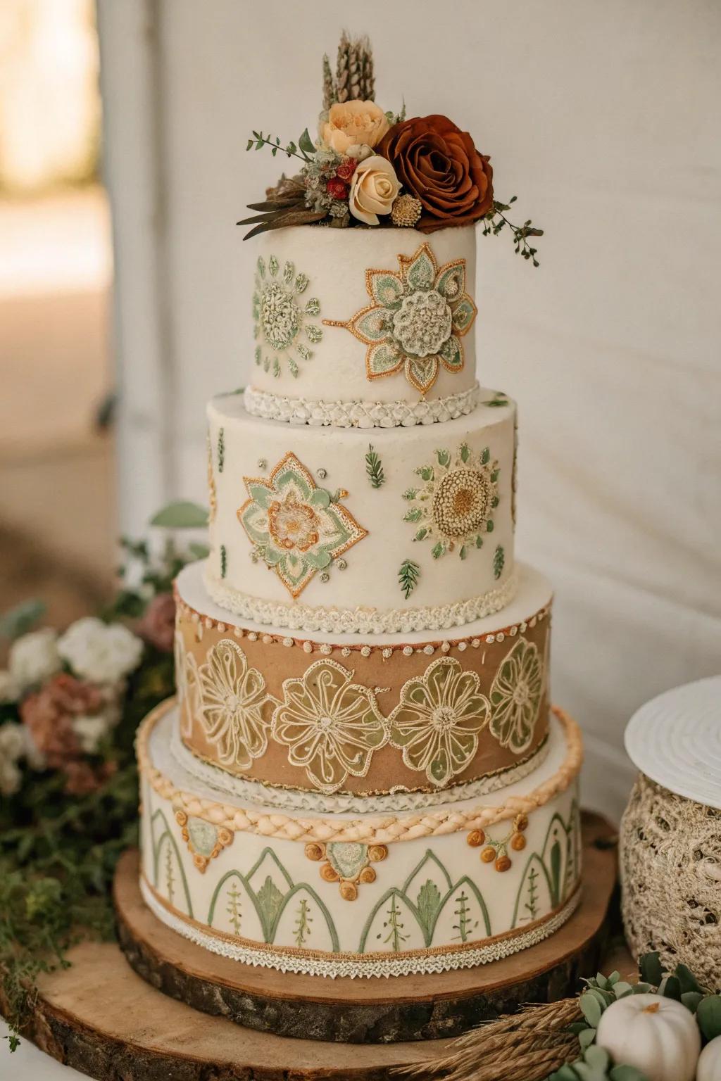 A bohemian-themed cake that unites the celebration beautifully.