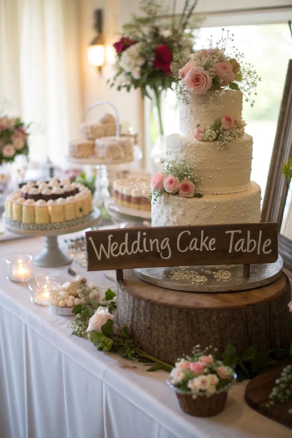 Playful signage enhances the charm of the cake table.