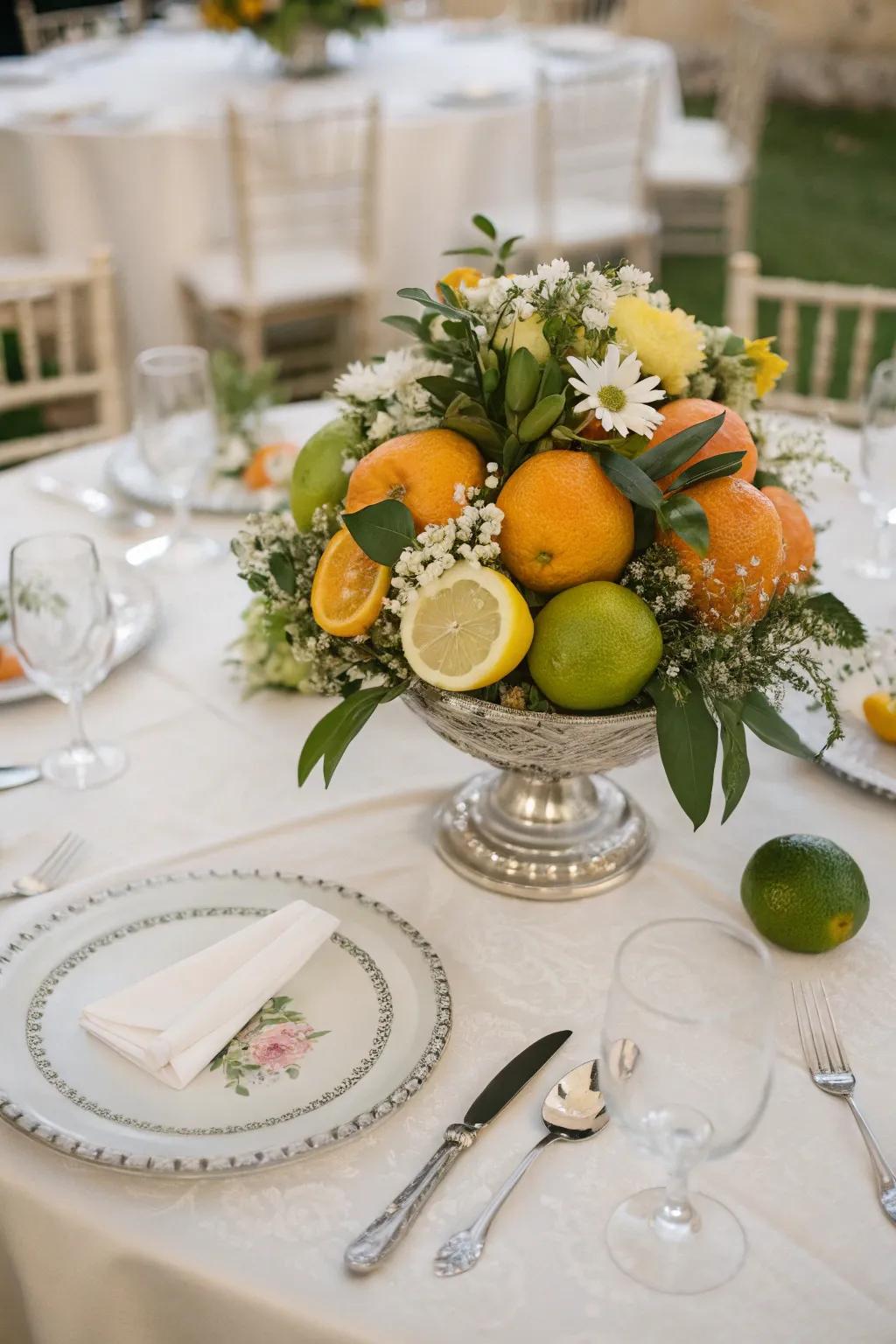 Citrus fruits add a fresh pop to this wedding centerpiece.