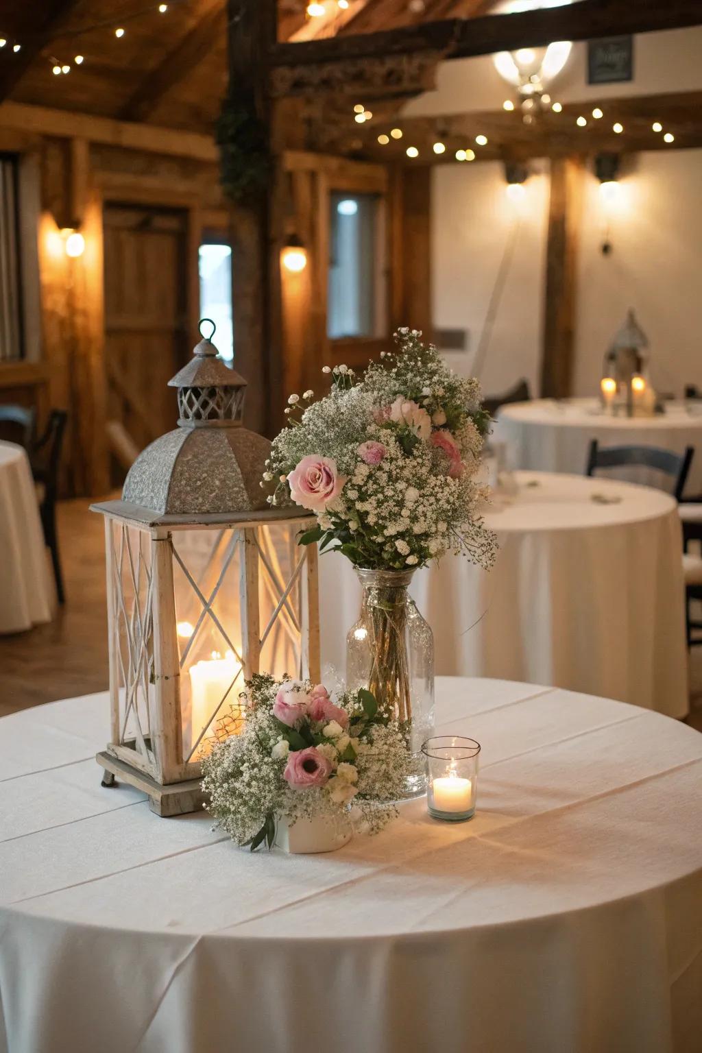 Lanterns surrounded by blooms create a warm, inviting centerpiece.