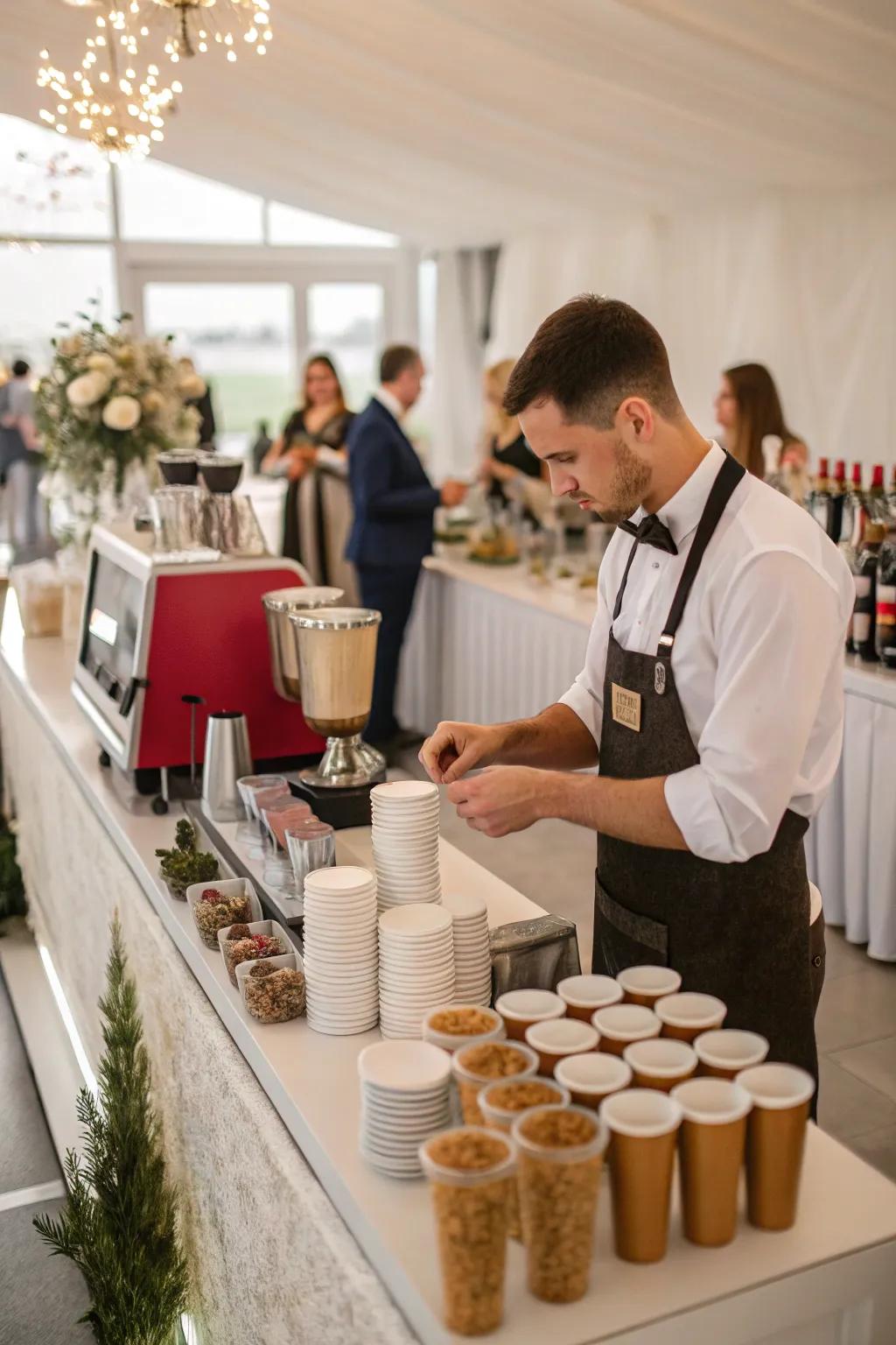 An engaging barista presentation at a wedding coffee corner.