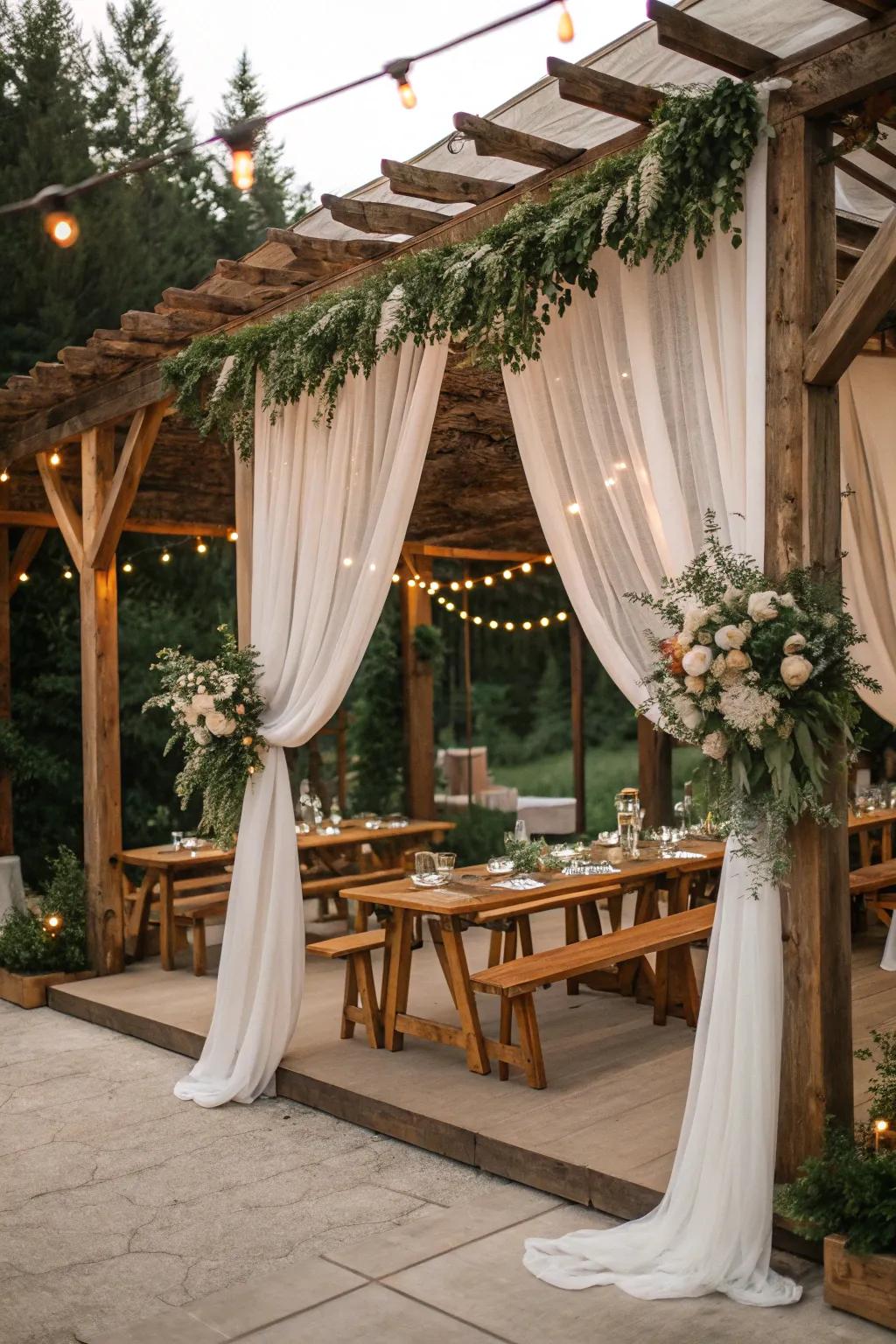 Craft country charm by pairing drapery with natural lumber pieces.