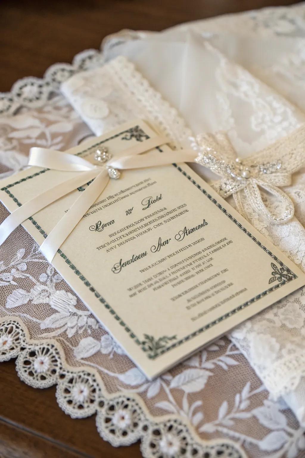 Lace and ribbon combine for a vintage wedding invitation.