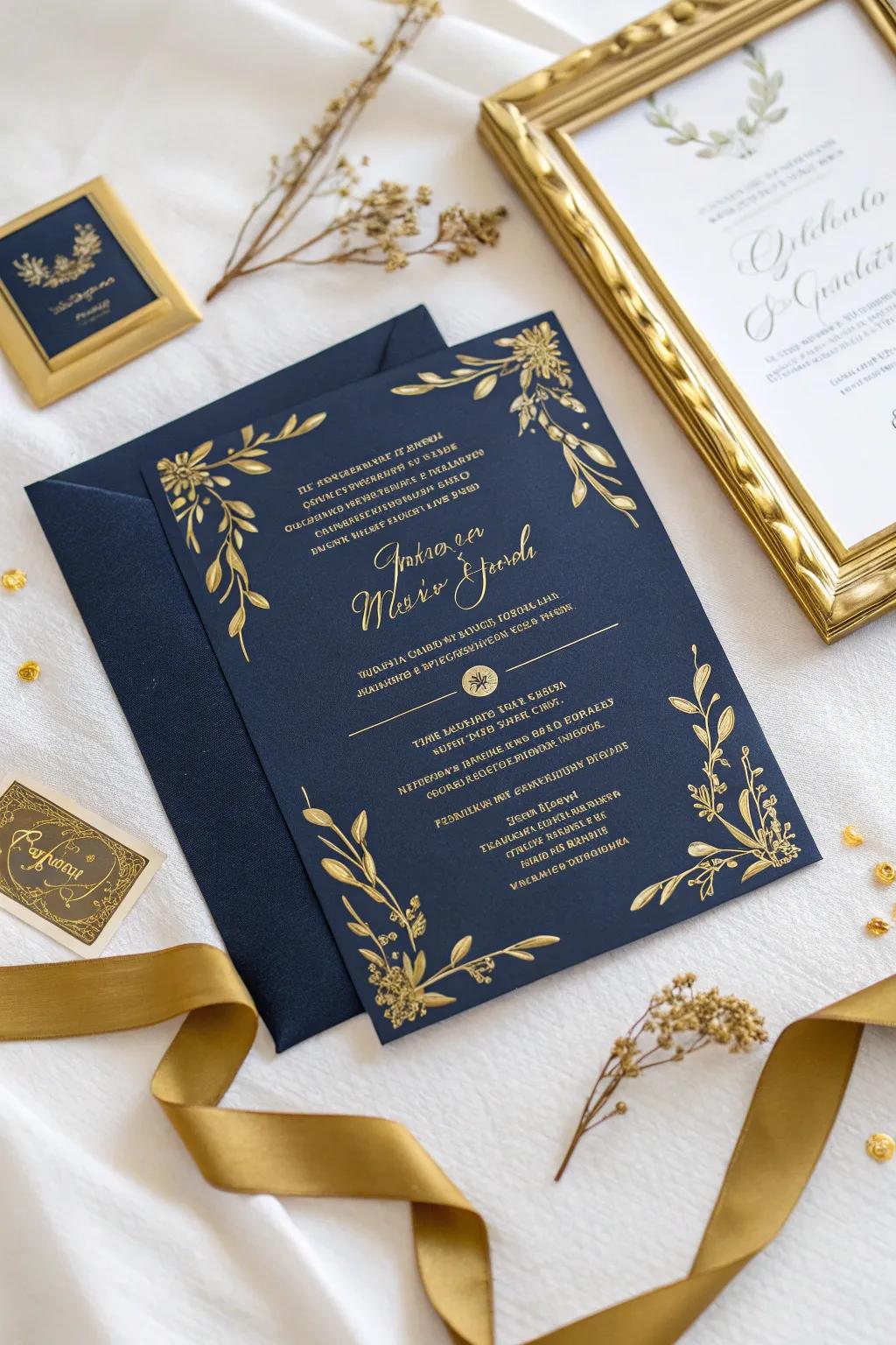 Luxurious wedding invitation with gleaming gold accents.