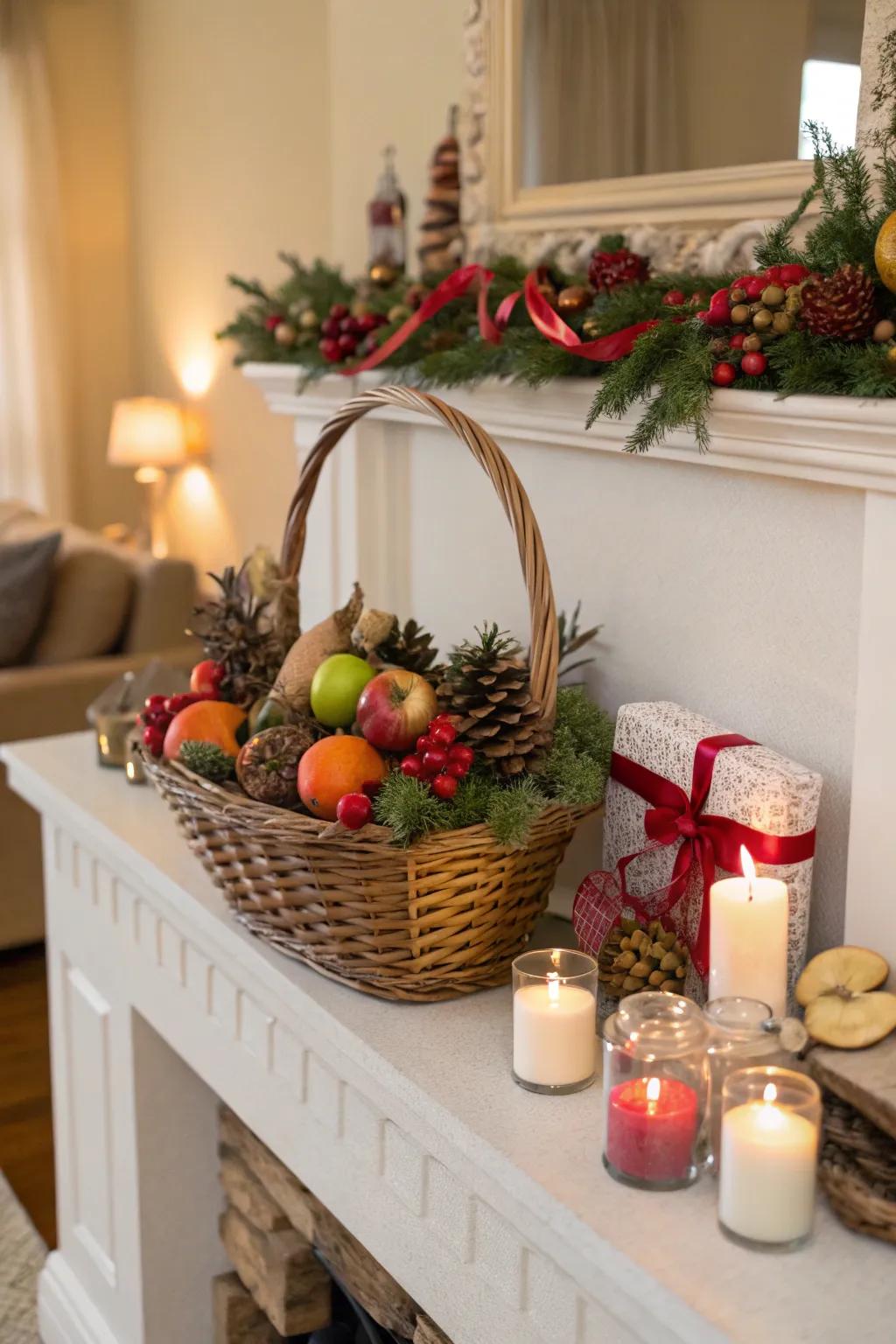 Seasonal decorations bring festive cheer to the welcome basket.