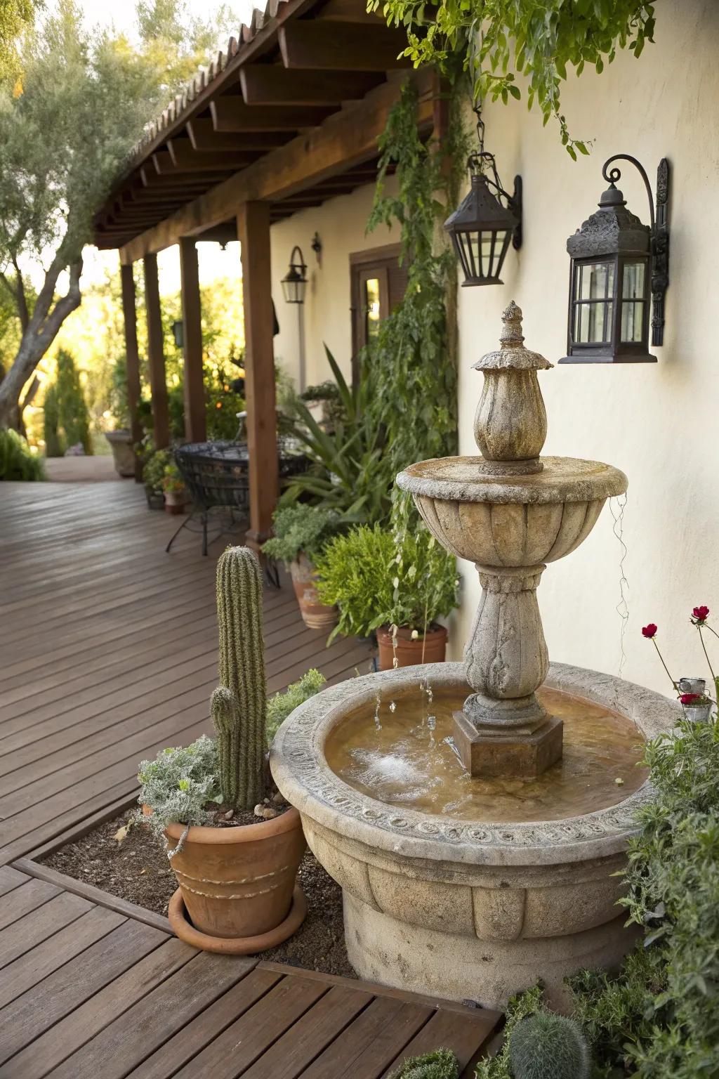 A water feature adds elegance and tranquility to the patio.