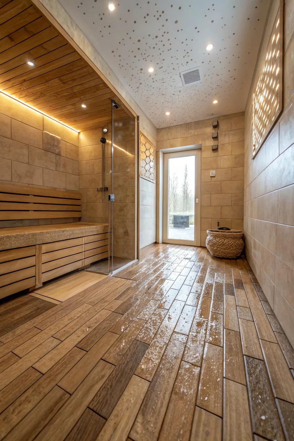 Wood-look tiles offer warmth and elegance in wet rooms.