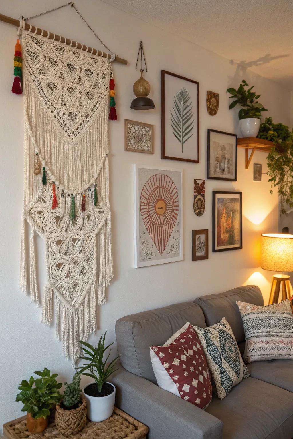 Boho wall decor showcasing macramé and various artistic hangings.