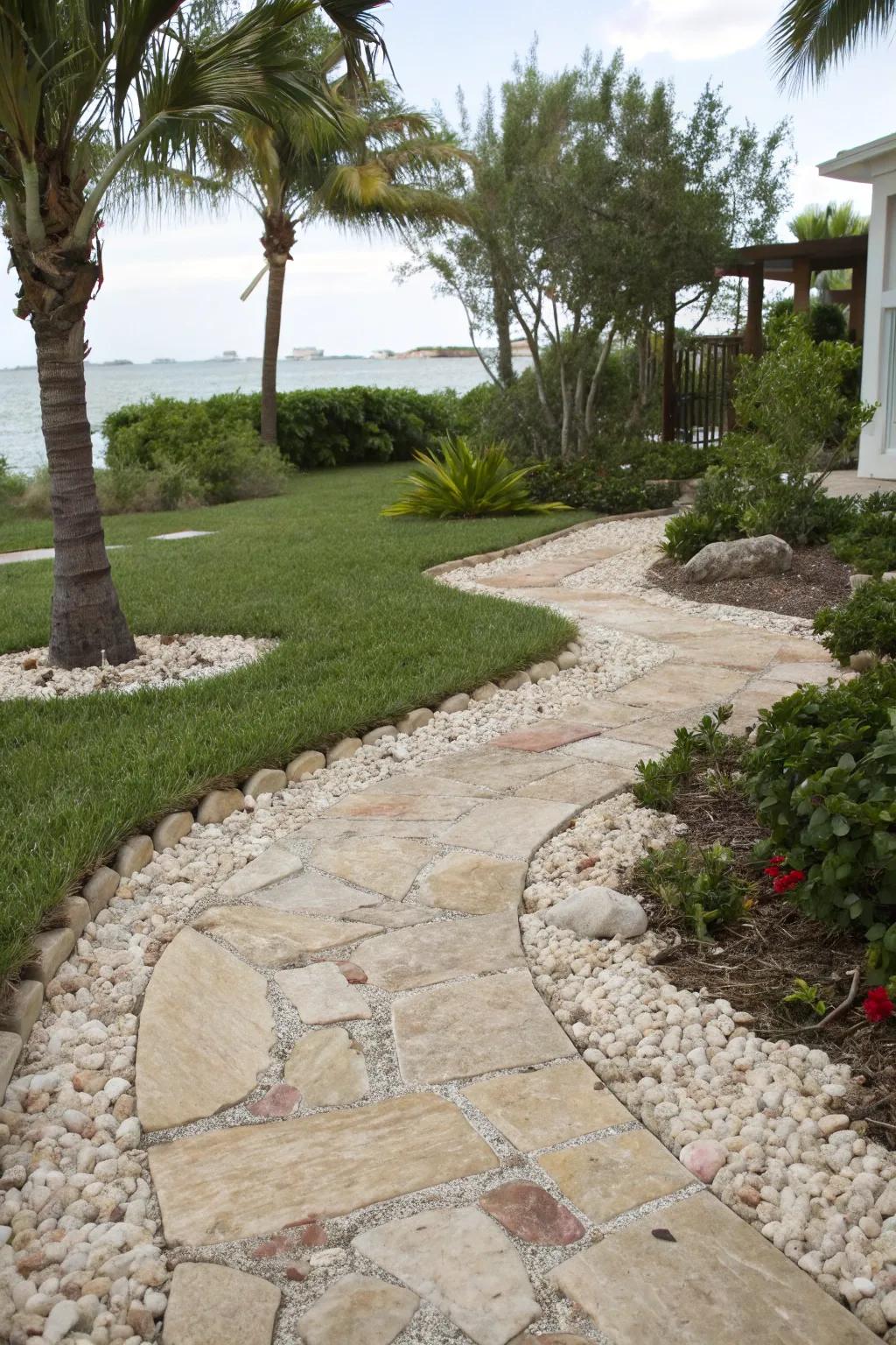 Crushed shells introduce a distinctive seaside charm to stone pathways.