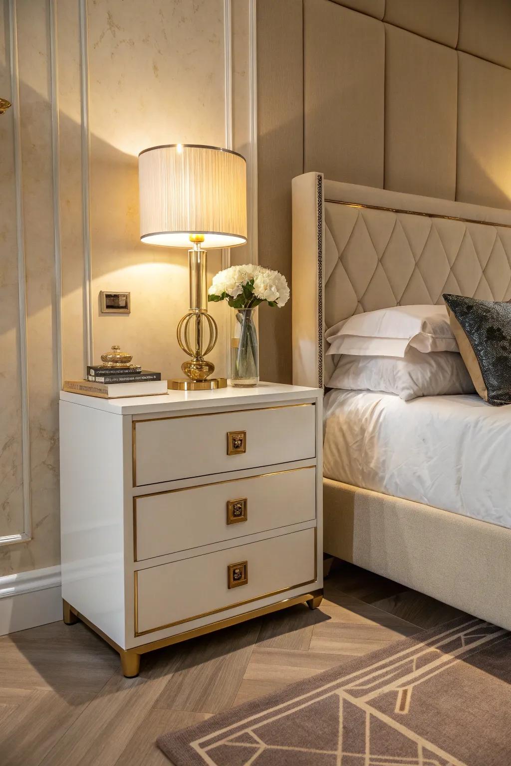 Gold-trimmed nightstands seamlessly continue the theme.