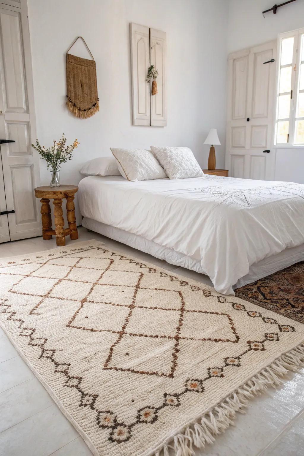 A show-stopping rug contributes vibrancy and surface feel to a white bedroom.